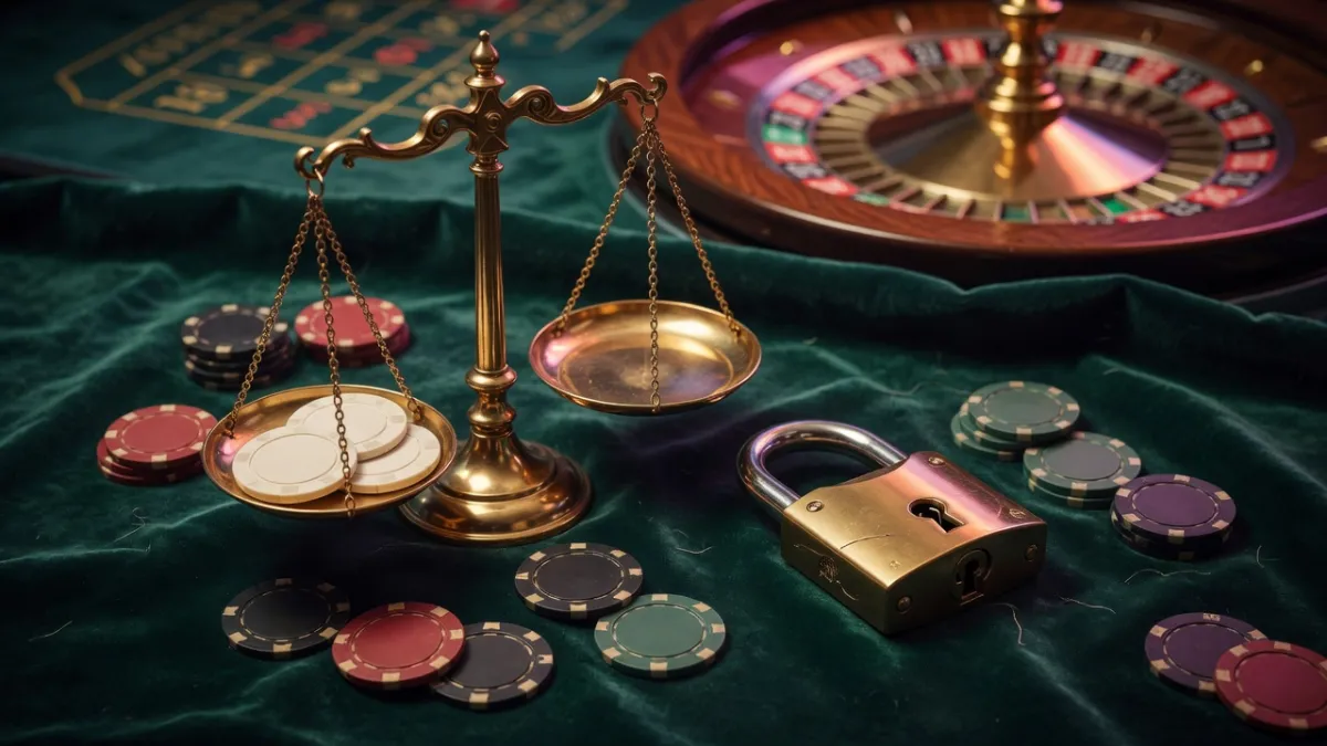 Balanza dorada de la justicia, candado abierto y fichas de casino en una mesa de juego
